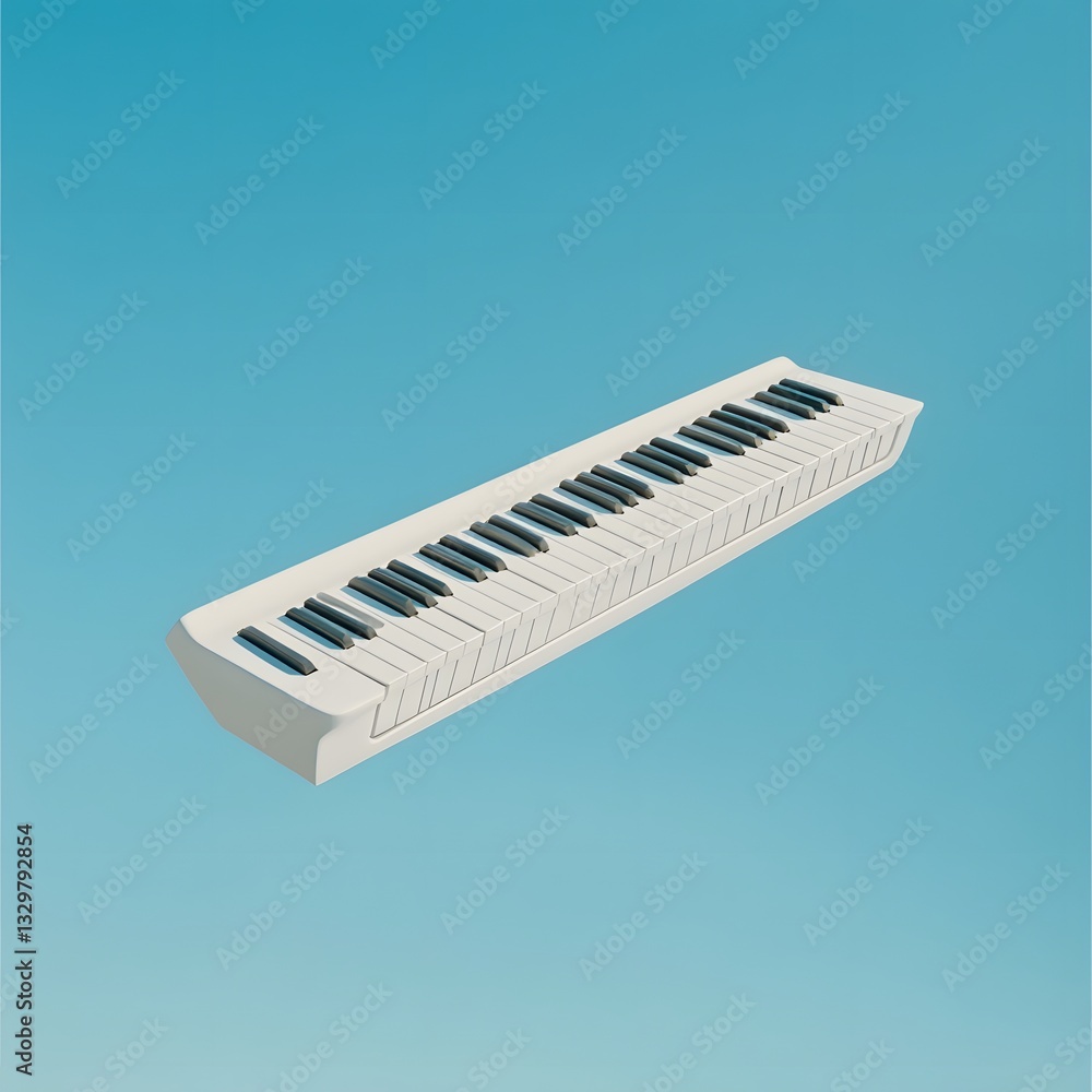 White Floating Keyboard in Blue Sky Conceptual Musical Background White Floating Keyboard in Blue Sky Conceptual Musical Background