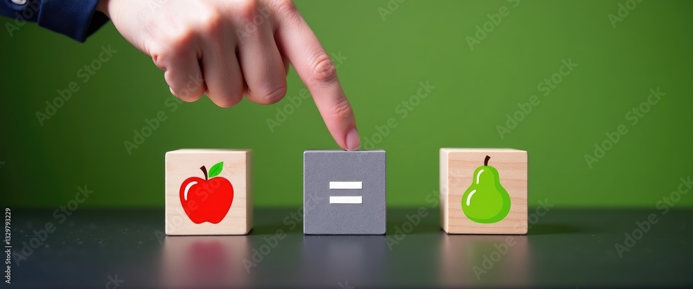 Symbol representing the idea that you can't compare apples with pears. A hand rotates a wooden cube, altering the equal sign to an unequal sign.