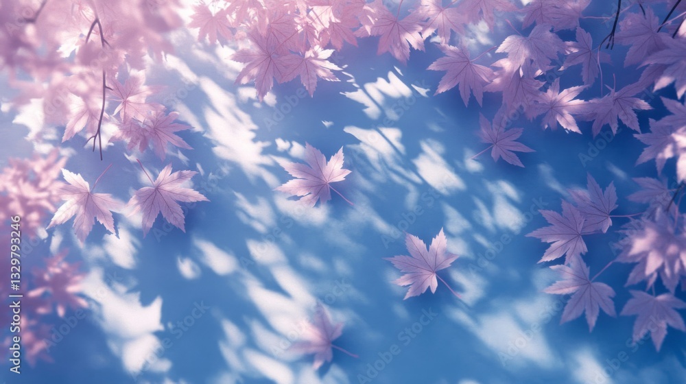 Pastel Pink Maple Leaves and Shadows on Blue Background Pastel Pink Maple Leaves and Shadows on Blue Background