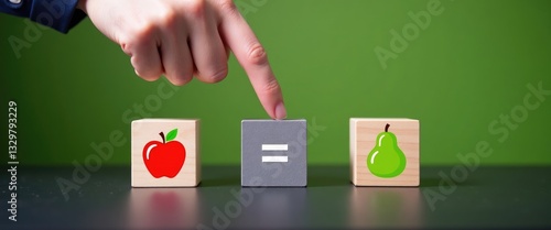 Obraz na płótnie Symbol representing the idea that you can't compare apples with pears. A hand rotates a wooden cube, altering the equal sign to an unequal sign. w salonie