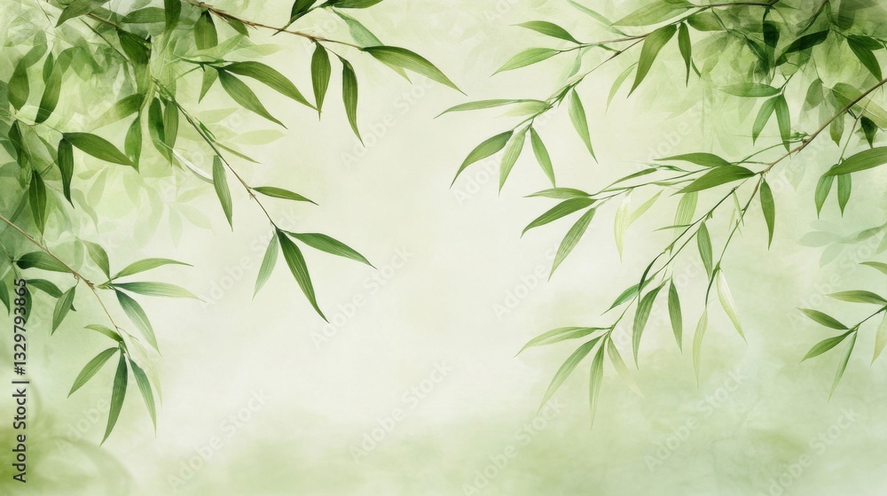 Fototapeta premium Watercolor Painting of Green Bamboo Leaves