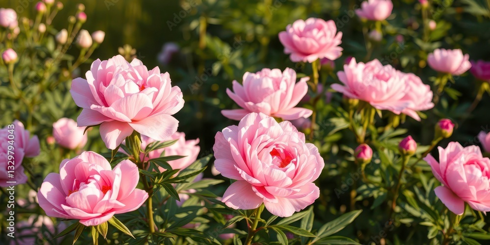 Pink roses and peonies blooming in a lush garden, bathed in soft morning sunlight, creating a warm and vibrant scene. Pink roses and peonies blooming in a lush garden, bathed in soft morning sunlight, creating a warm and vibrant scene.
