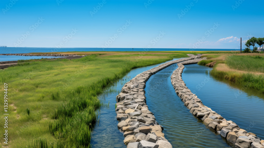 serene landscape featuring winding stone pathway through lush green marshes, leading to calm blue sea under clear sky. scene evokes tranquility and natural beauty serene landscape featuring winding stone pathway through lush green marshes, leading to calm blue sea under clear sky. scene evokes tranquility and natural beauty