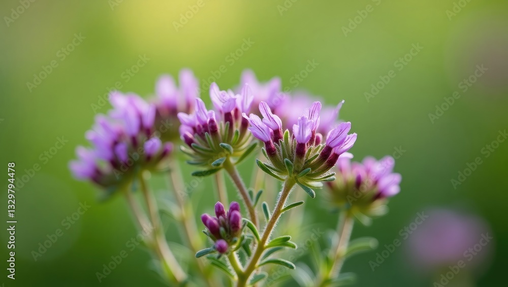 Thymus serpyllum, Breckland thyme, creeping thyme, or elfin thyme plants in bloom. Natural herbal components in wild nature used in homeopathy and culinary applications.