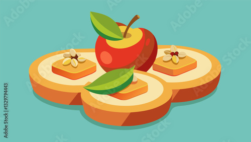 Bitesized apple slices topped with honey and walnuts for a healthier snack option.. Vector illustration