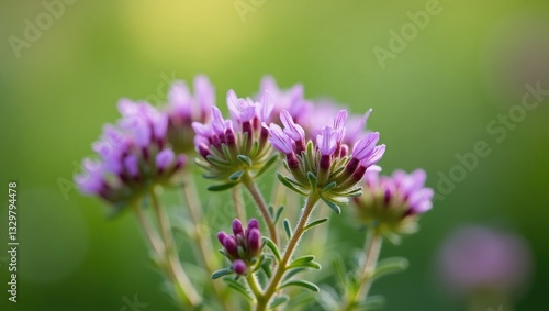 Obraz na płótnie Thymus serpyllum, Breckland thyme, creeping thyme, or elfin thyme plants in bloom. Natural herbal components in wild nature used in homeopathy and culinary applications. w salonie