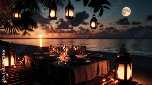 Romantic dinner by the beach at sunset tropical paradise photography tranquil atmosphere elevated angle love concept