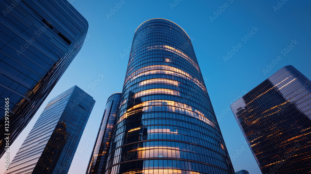 Obraz premium futuristic city skyline at dusk featuring illuminated skyscrapers with reflective glass facades, showcasing modern architecture and urban development