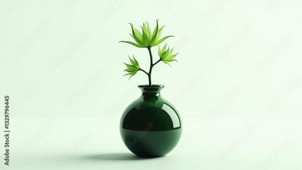 Backdrop in white featuring a small green plant placed in a dark vase. Backdrop in white featuring a small green plant placed in a dark vase.