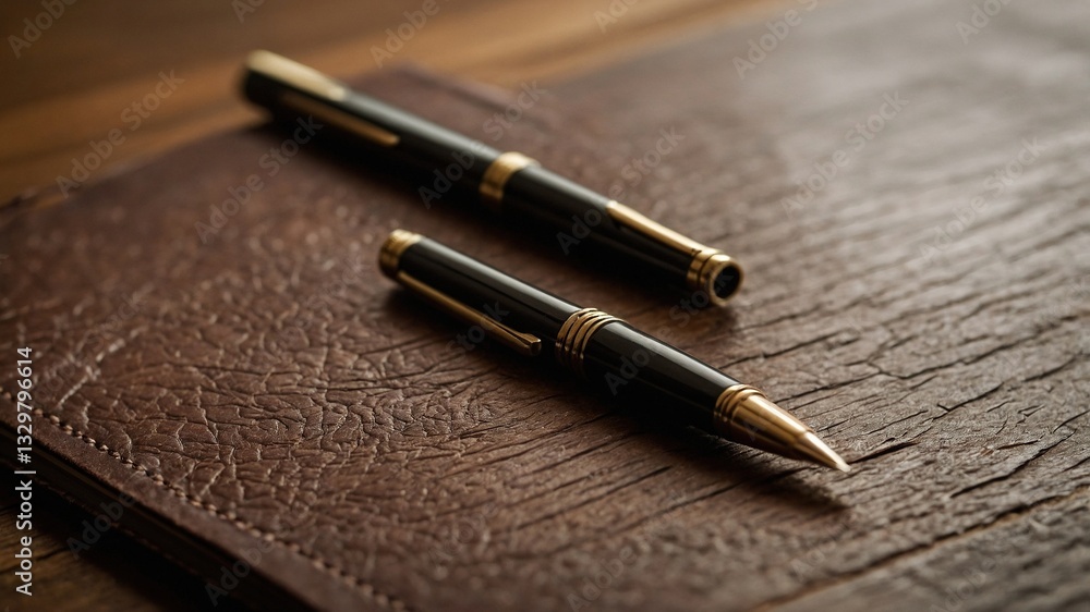 Dos bolígrafos negros con detalles dorados sobre una superficie texturizada de cuero marrón, destacando elegancia y profesionalismo en una composición minimalista Dos bolígrafos negros con detalles dorados sobre una superficie texturizada de cuero marrón, destacando elegancia y profesionalismo en una composición minimalista