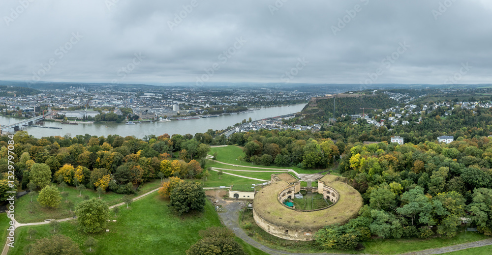 Aerial view of Fort Asterstein in Koblenz, with Ehrenbreitstein Fortress in background