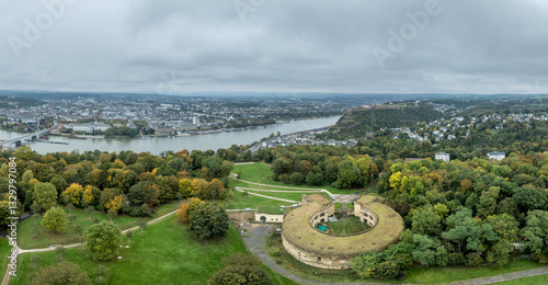 Obraz na płótnie Aerial view of Fort Asterstein in Koblenz, with Ehrenbreitstein Fortress in background w salonie