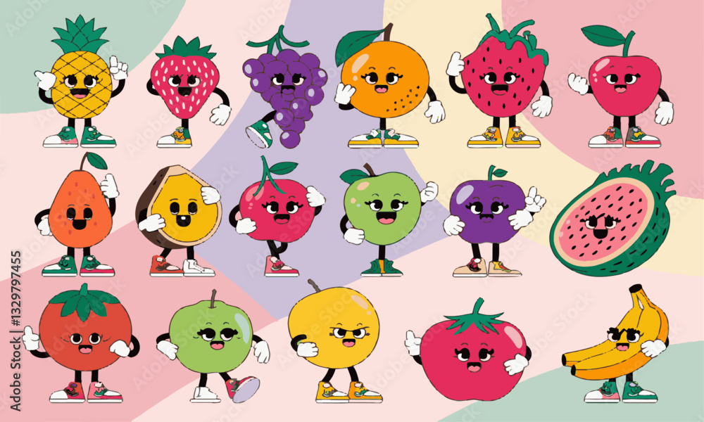 Fototapeta premium Modern vector-style illustration featuring anthropomorphic fruit characters with expressive faces, easily editable.