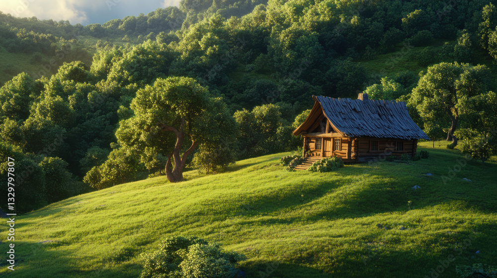 A picturesque rural landscape, featuring a small, hand-built wooden cabin perched on an elevated hill A picturesque rural landscape, featuring a small, hand-built wooden cabin perched on an elevated hill