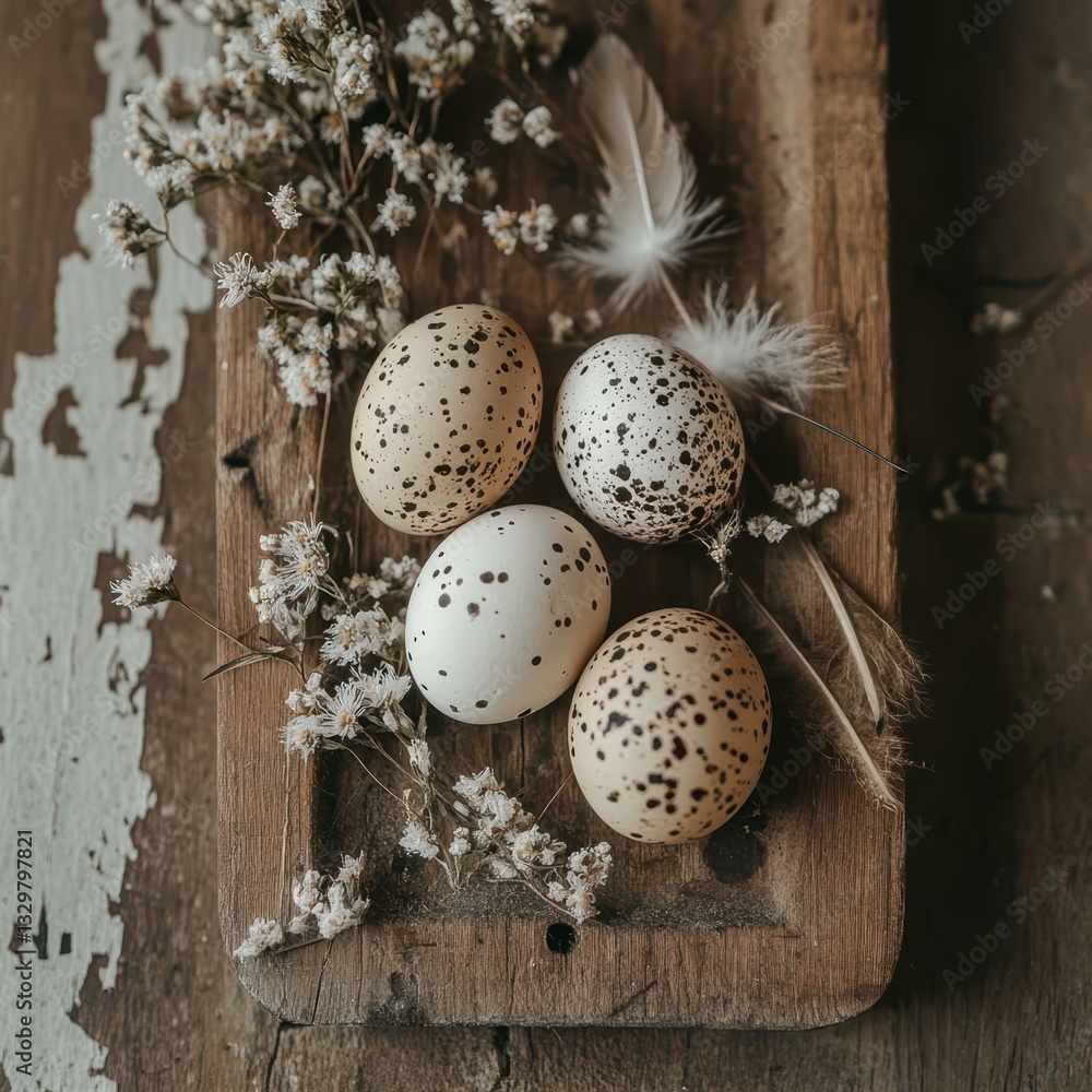 Speckled quail eggs arranged with tiny dried flowers and delicate feathers Speckled quail eggs arranged with tiny dried flowers and delicate feathers