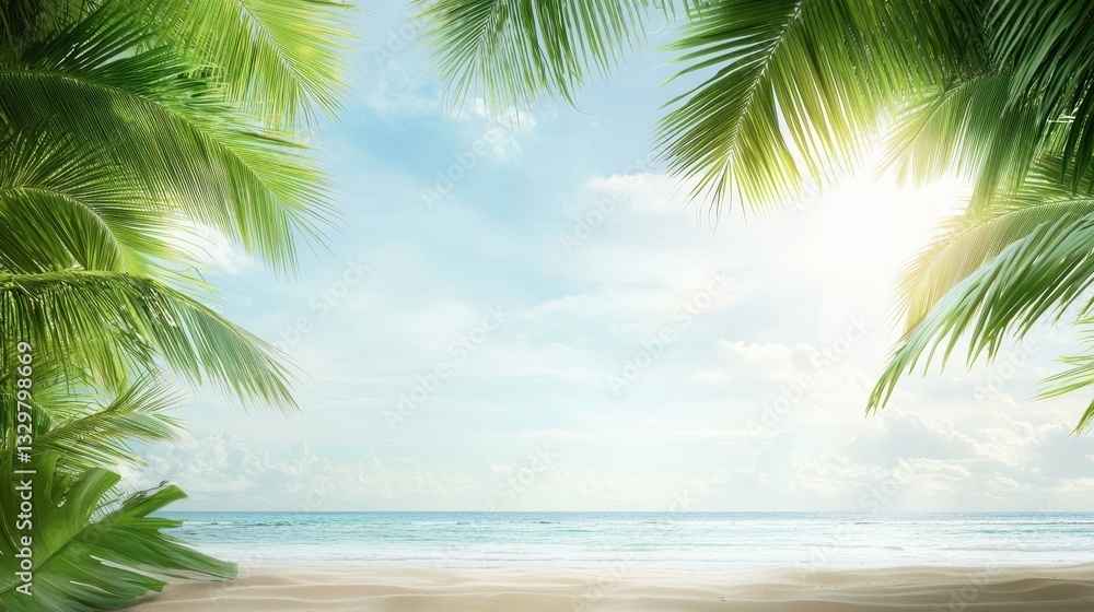 Fototapeta premium Idyllic tropical beach paradise with palm trees, umbrellas and crystalclear turquoise water