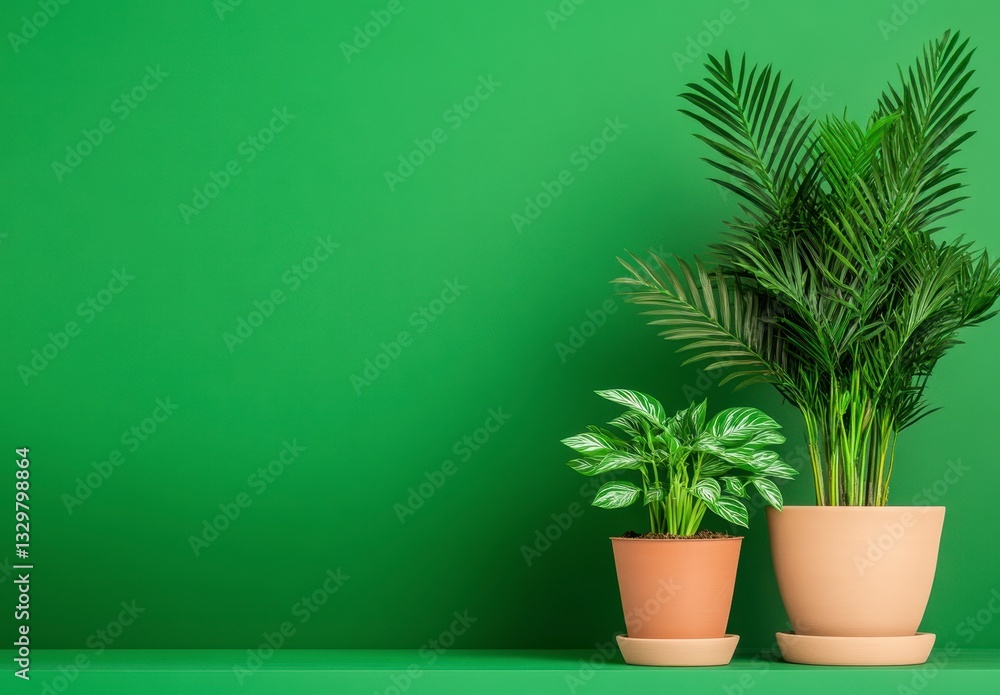 Fototapeta premium Three Potted Plants Against a Green Wall