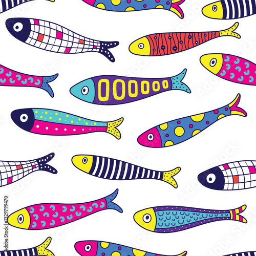 Cute  sardine. Kids background. Sardines, salmon, tuna, tilapia. Seamless pattern. Kids illustration.