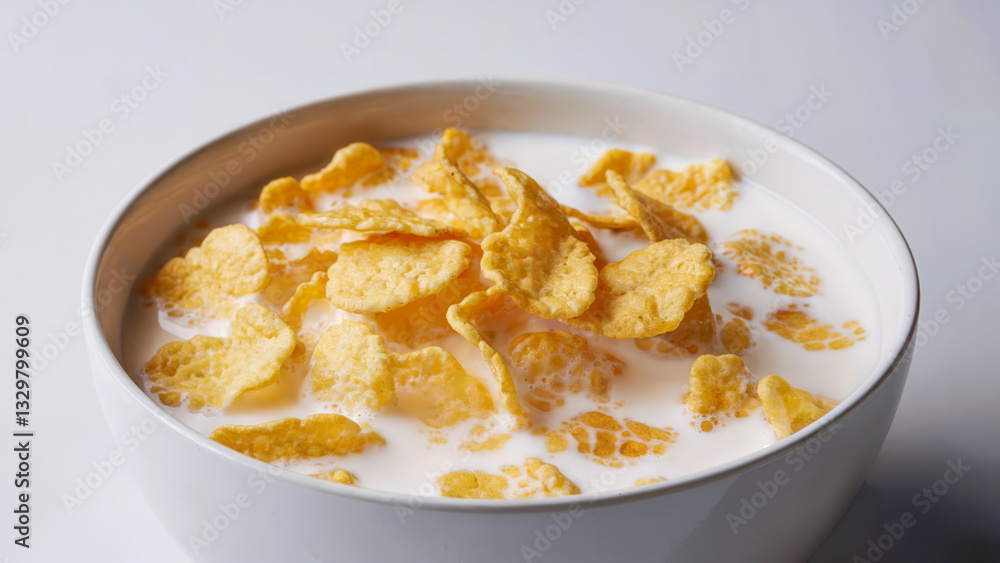 A bowl of cornflakes with milk, offering a nutritious and comforting breakfast option. A bowl of cornflakes with milk, offering a nutritious and comforting breakfast option.