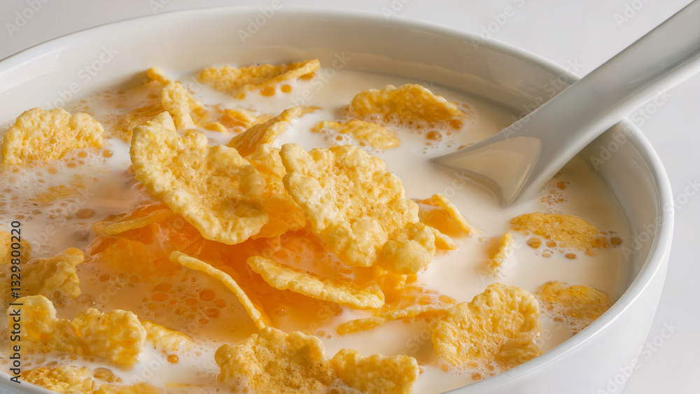 A bowl of cornflakes with milk, offering a nutritious and comforting breakfast option. A bowl of cornflakes with milk, offering a nutritious and comforting breakfast option.