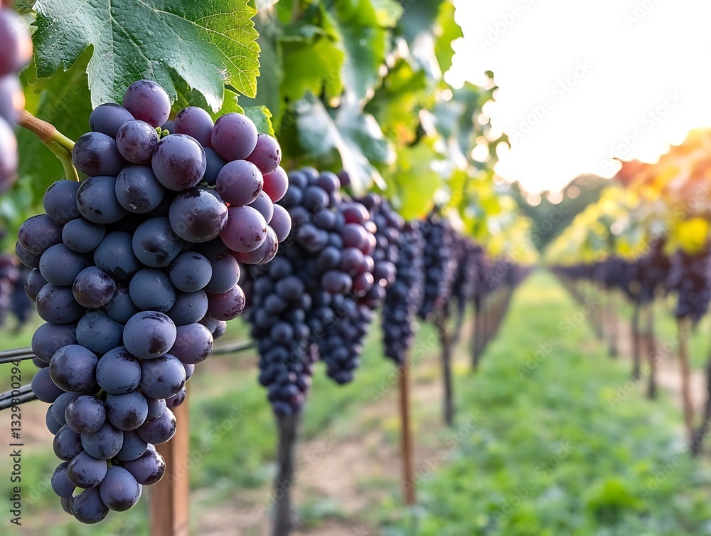 Naklejka premium Vineyard grapes, rows, and leaves during sunset for harvest