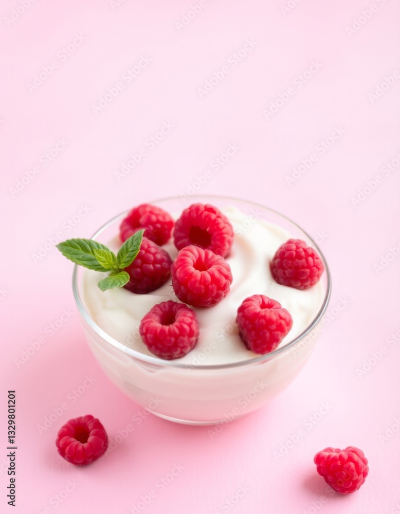 Yogurt with raspberries on a pink background Yogurt with raspberries on a pink background