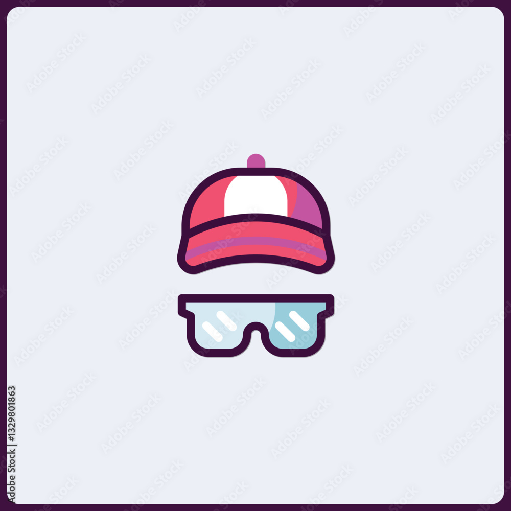 Stylized icon illustration depicting a baseball cap and sunglasses duo Stylized icon illustration depicting a baseball cap and sunglasses duo