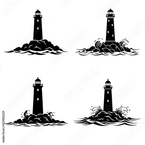 minimalist lighthouse silhouette on jagged rocks with ocean waves, white background