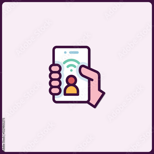 Minimalist icon depicting a hand holding a smartphone with a video call connection