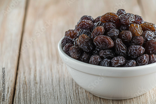 A close-up shot of raisins in a white bowl, set against a rustic wooden background. Ideal for content related to natural snacks or healthy eating.