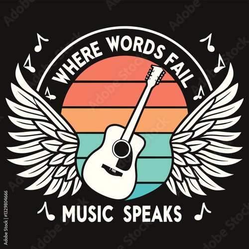 Where Words Fail Music Speaks T-Shirt Design - Guitar with Wings Graphic Tee for Music Lovers and Inspiration