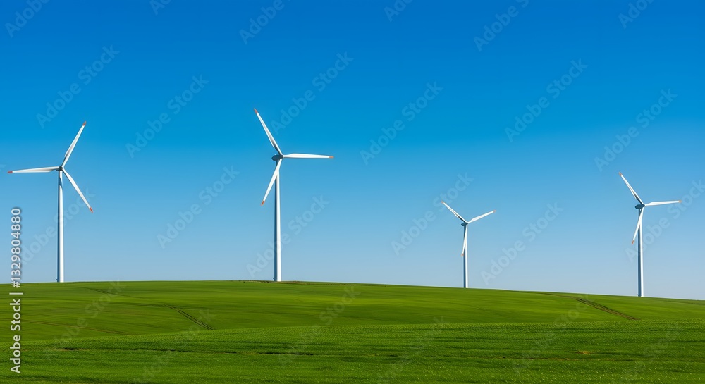 White wind turbine against bright blue sky and green field, clean energy concept. White wind turbine against bright blue sky and green field, clean energy concept.