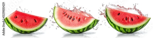 Three Slices of Watermelon with Water Splashes on White Background