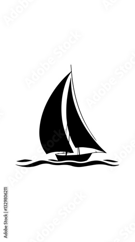 Black and white illustration of a sailing yacht. Sailboat.