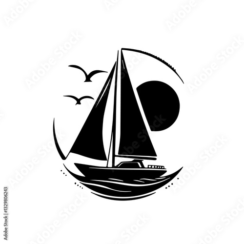 Black and white illustration of a sailing yacht. Sailboat.