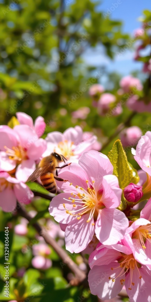Close Up of Honey Bee Hovering Over Cherry Tree Flowers in a Lush Summer Garden Close Up of Honey Bee Hovering Over Cherry Tree Flowers in a Lush Summer Garden