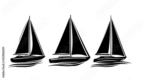 Black and white illustration of a sailing yacht. Sailboat.