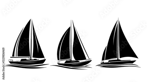 Black and white illustration of a sailing yacht. Sailboat.