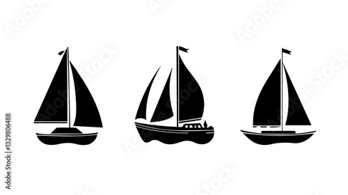 Black and white illustration of a sailing yacht. Sailboat.