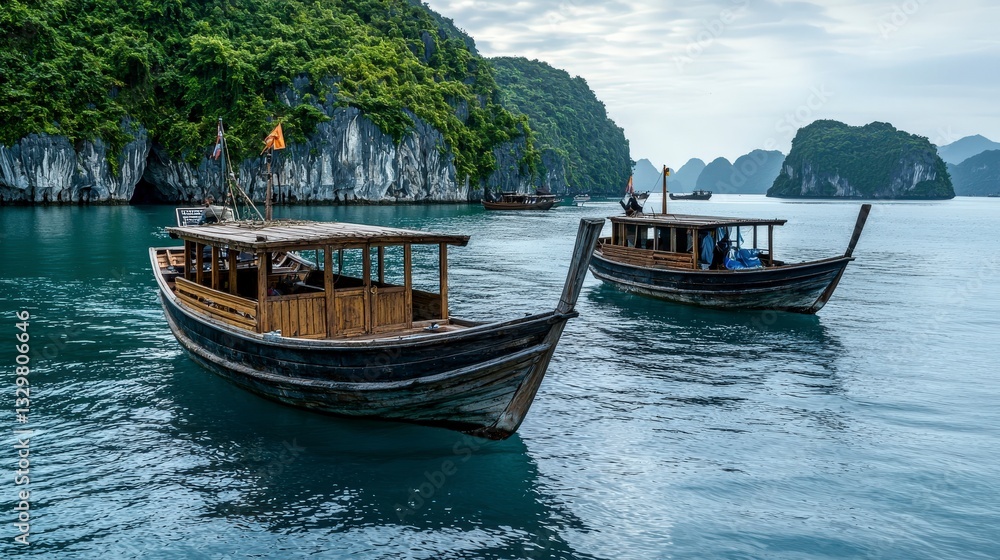 Fototapeta premium Boats sailing on calm waters ha long bay nature photography serene environment wide angle tranquility