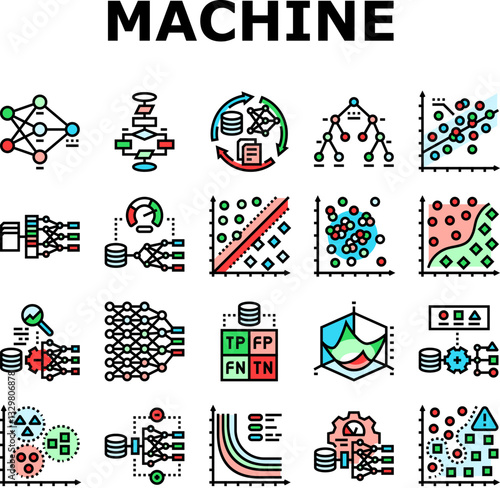 machine learning algorithm model icons set vector