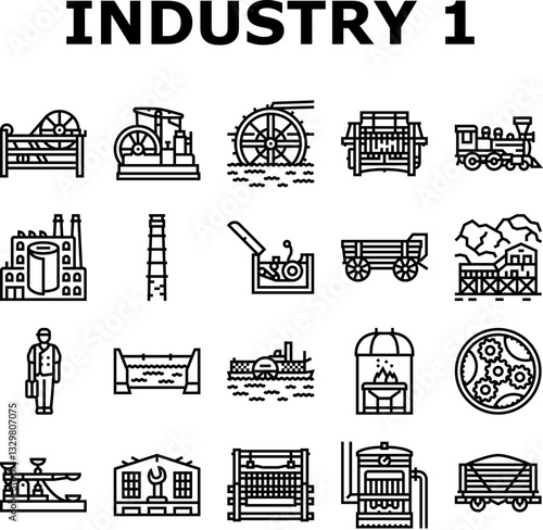 industry 1.0 industrialization icons set vector