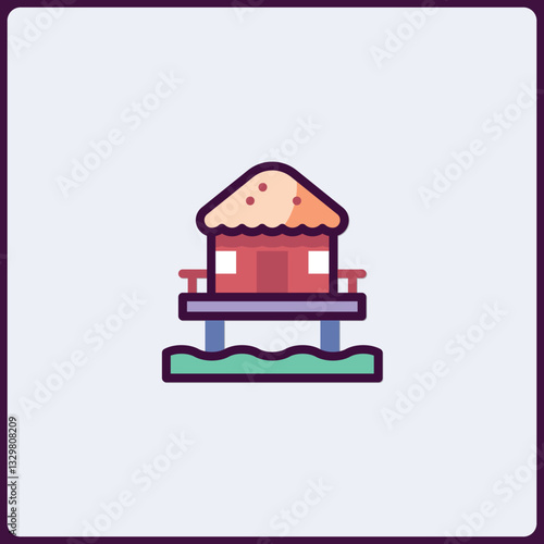 Stylized floating bungalow icon evoking tranquil travel destinations theme