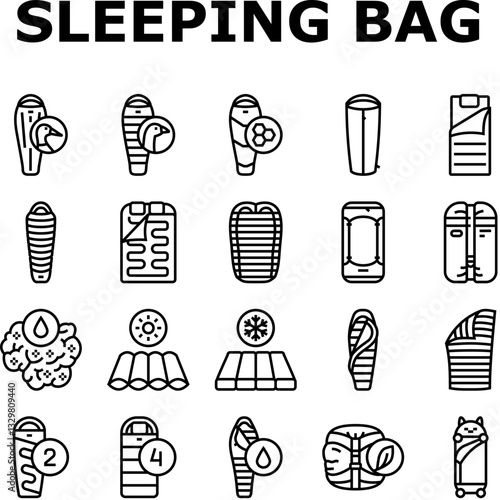sleeping bag camping hiking icons set vector
