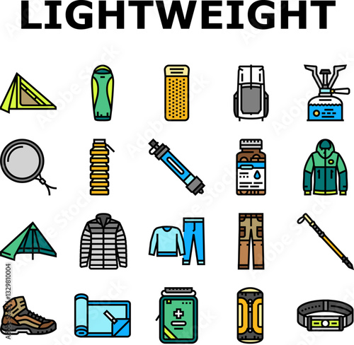 lightweight backpacking icons set vector