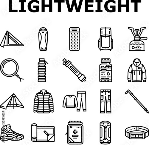 lightweight backpacking icons set vector