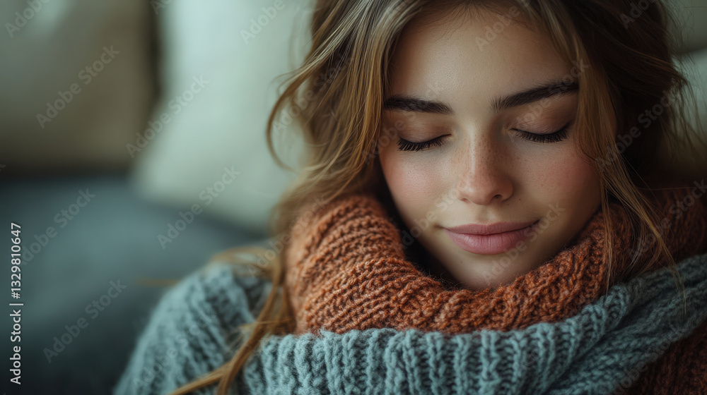 Cozy Moment of Peace. A serene young woman with closed eyes, wrapped in a cozy knitted scarf, enjoys a moment of peaceful relaxation indoors. Cozy Moment of Peace. A serene young woman with closed eyes, wrapped in a cozy knitted scarf, enjoys a moment of peaceful relaxation indoors.