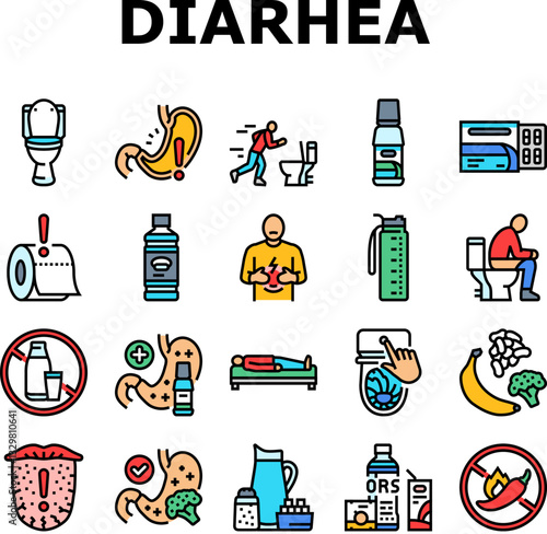 diarrhea causes icons set vector