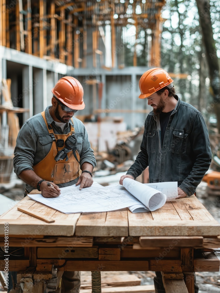 Unfinished Building Structure Behind Workers with Plans Unfinished Building Structure Behind Workers with Plans