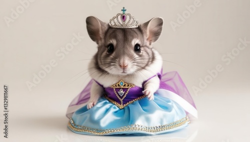 Adorable chinchilla in a royal princess gown with a tiny tiara